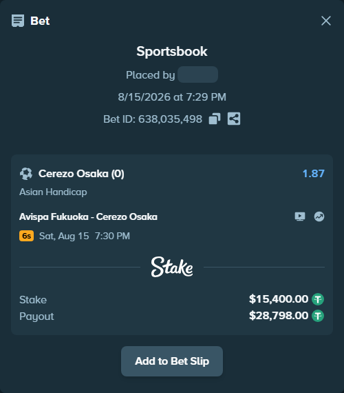 Bet slip: Avispa Fukuoka - Cerezo Osaka, $15,415.40 stake at 1.87 odds, placed by Othmane2kiks