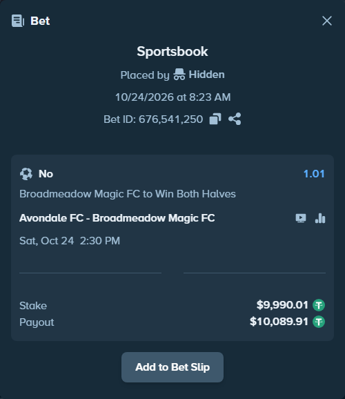 Bet slip: Avondale FC - Broadmeadow Magic FC, $10,000.00 stake at 1.01 odds, placed by korehato