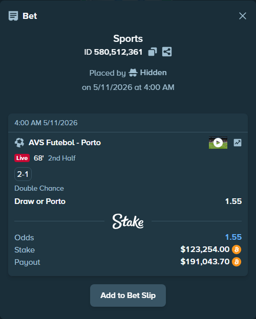 Bet slip: AVS Futebol - Porto, $97,150.81 stake at 1.55 odds, placed by Hidden