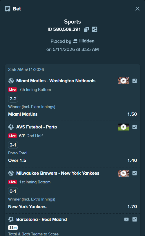 Bet slip: AVS Futebol - Porto, $14,515.00 stake at 1.40 odds, placed by Hidden