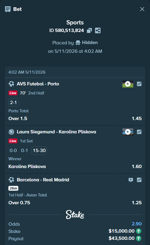 Bet slip: AVS Futebol - Porto, $15,000.00 stake at 1.45 odds, placed by Hidden