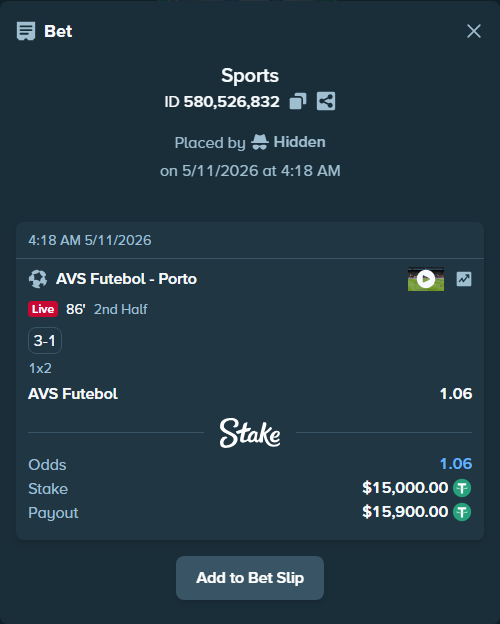 Bet slip: AVS Futebol - Porto, $15,000.00 stake at 1.06 odds, placed by Hidden