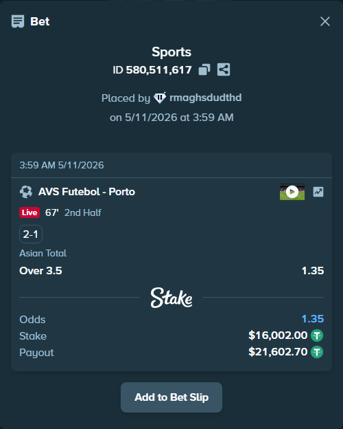 Bet slip: AVS Futebol - Porto, $16,002.00 stake at 1.35 odds, placed by rmaghsdudthd