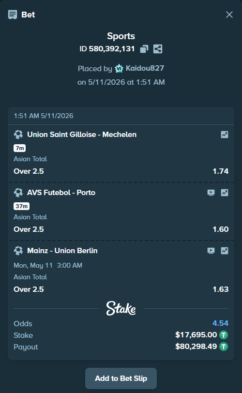 Bet slip: AVS Futebol - Porto, $17,695.00 stake at 1.60 odds, placed by Kaidou827