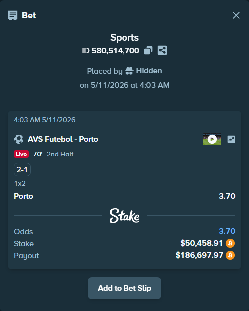 Bet slip: AVS Futebol - Porto, $39,804.92 stake at 3.70 odds, placed by Hidden
