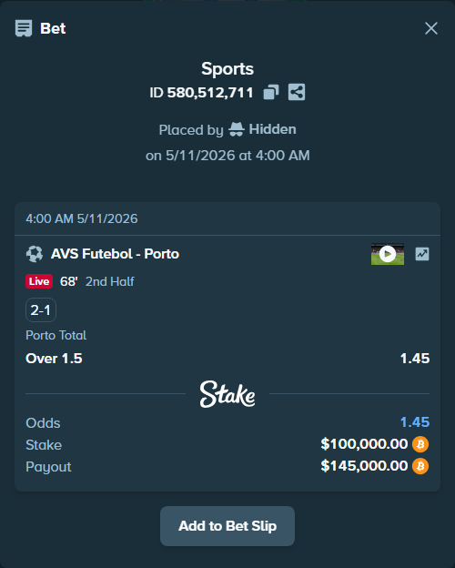Bet slip: AVS Futebol - Porto, $78,821.63 stake at 1.45 odds, placed by Hidden