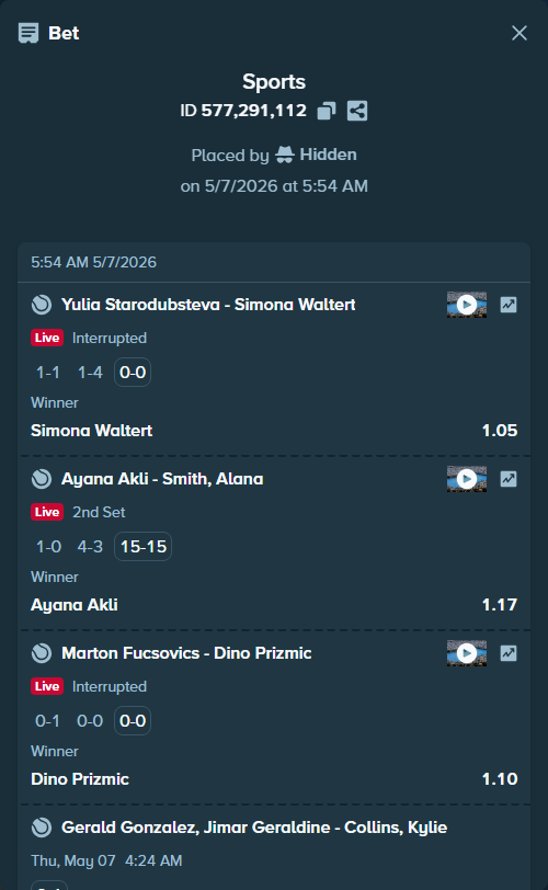 Bet slip: Ayana Akli - Smith, Alana, $4,767.33 stake at 1.17 odds, placed by Hidden