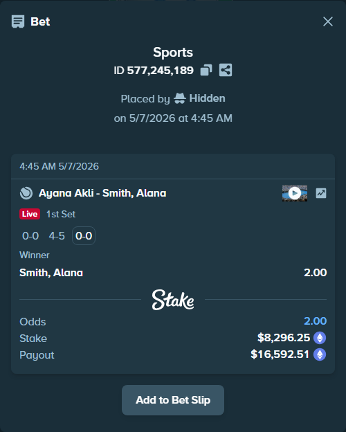 Bet slip: Ayana Akli - Smith, Alana, $6,144.16 stake at 2.00 odds, placed by Hidden