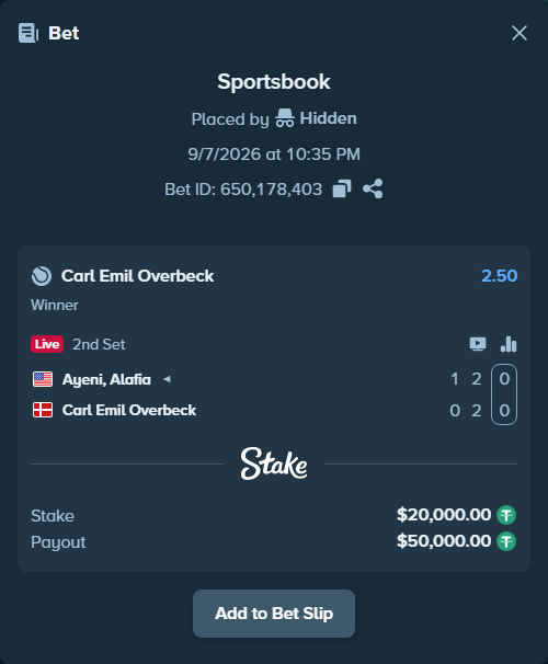 Bet slip: Ayeni, Alafia - Carl Emil Overbeck, $20,000.00 stake at 2.50 odds, placed by Hidden