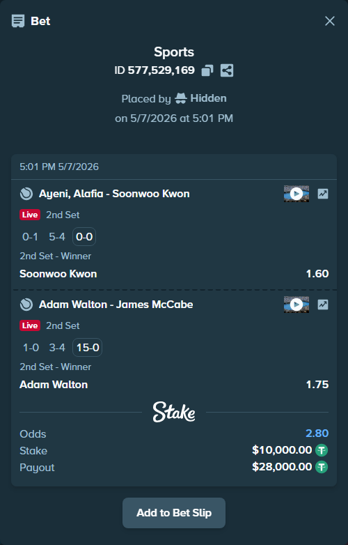 Bet slip: Ayeni, Alafia - Soonwoo Kwon, $10,000.00 stake at 1.60 odds, placed by Hidden