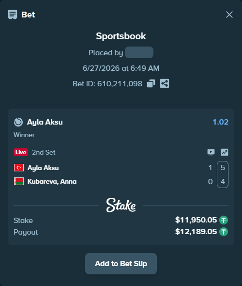 Bet slip: Ayla Aksu - Kubareva, Anna, $11,962.00 stake at 1.02 odds, placed by Ariel107