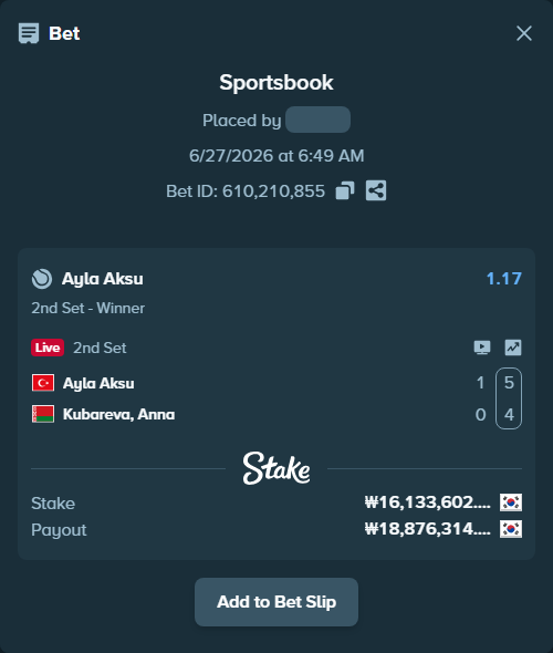 Bet slip: Ayla Aksu - Kubareva, Anna, $12,100.20 stake at 1.17 odds, placed by piropiro12