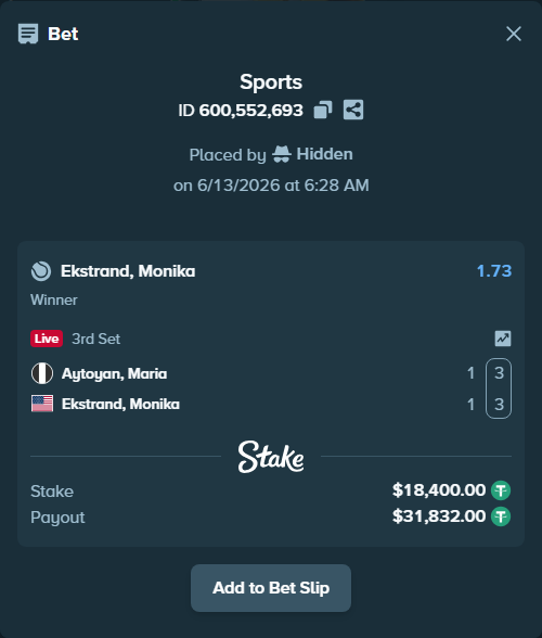 Bet slip: Aytoyan, Maria - Ekstrand, Monika, $18,400.00 stake at 1.73 odds, placed by Hidden