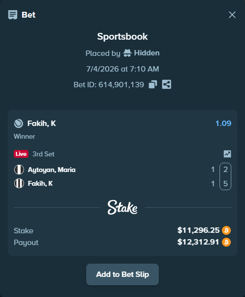 Bet slip: Aytoyan, Maria - Fakih, K, $11,360.95 stake at 1.09 odds, placed by Hidden