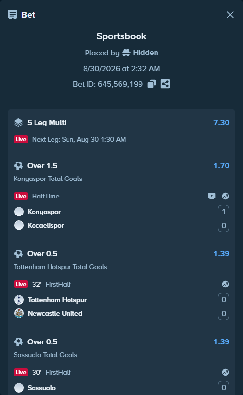 Bet slip: AZ Alkmaar - Go Ahead Eagles, $130,000.00 stake at 1.33 odds, placed by Hidden