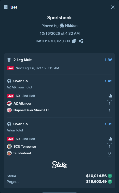 Bet slip: AZ Alkmaar - Hapoel Be'er Sheva FC, $10,024.57 stake at 1.45 odds, placed by Jackpoor