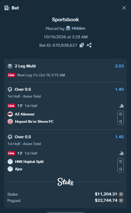 Bet slip: AZ Alkmaar - Hapoel Be'er Sheva FC, $11,239.31 stake at 1.40 odds, placed by Hidden