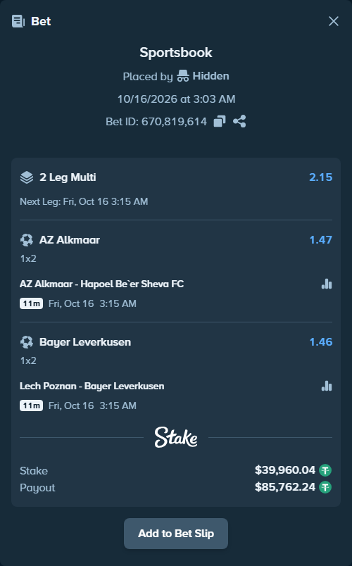 Bet slip: AZ Alkmaar - Hapoel Be'er Sheva FC, $40,000.00 stake at 1.47 odds, placed by ashaark