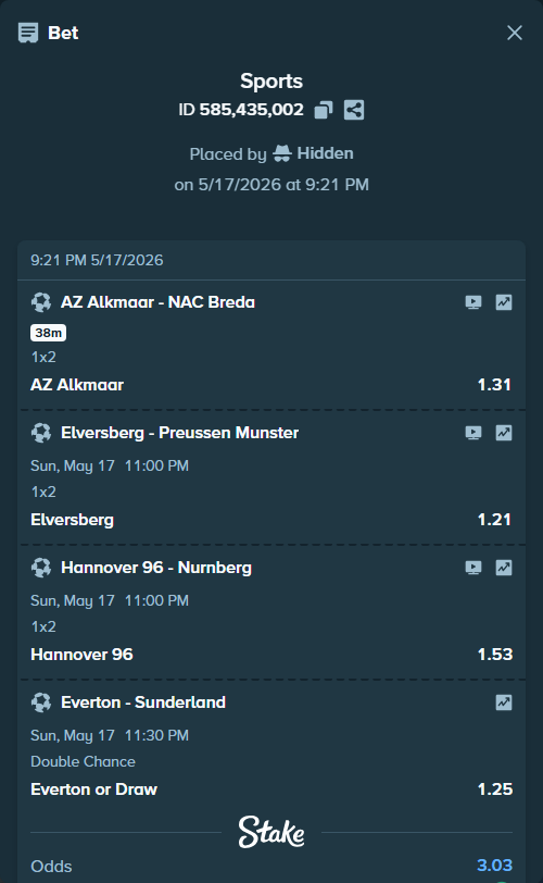 Bet slip: AZ Alkmaar - NAC Breda, $30,000.00 stake at 1.31 odds, placed by Hidden