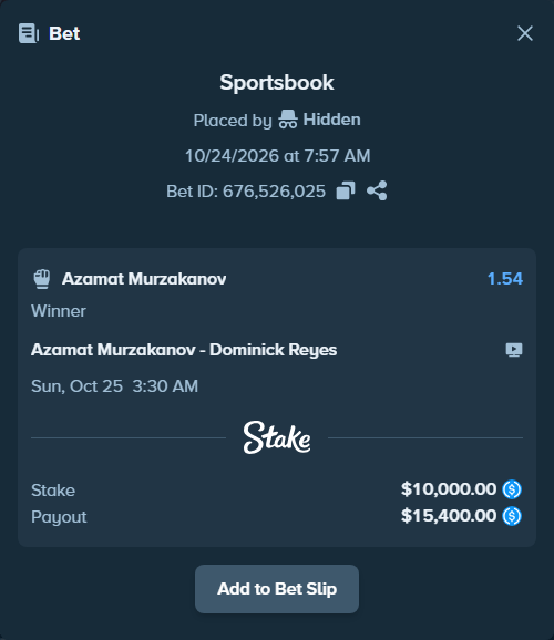 Bet slip: Azamat Murzakanov - Dominick Reyes, $10,000.00 stake at 1.54 odds, placed by Janneb93