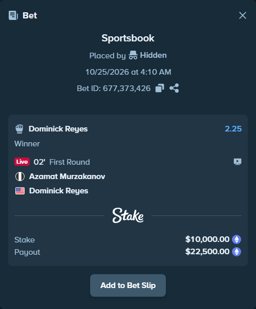 Bet slip: Azamat Murzakanov - Dominick Reyes, $10,068.02 stake at 2.25 odds, placed by Jollysea