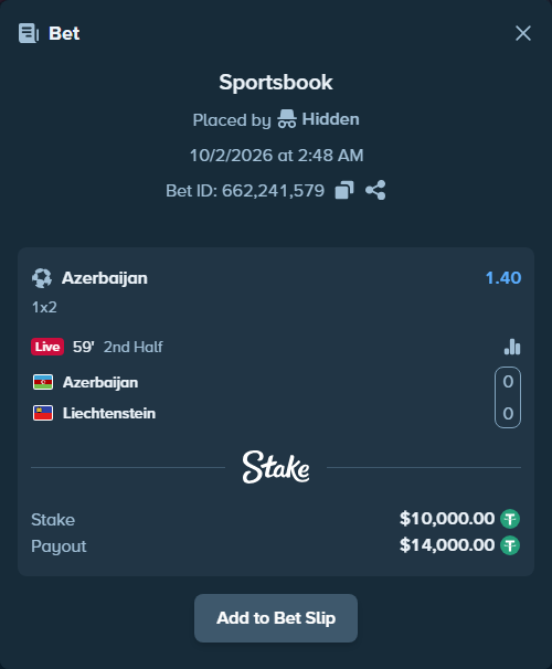 Bet slip: Azerbaijan - Liechtenstein, $10,000.00 stake at 1.40 odds, placed by ArdianHertica