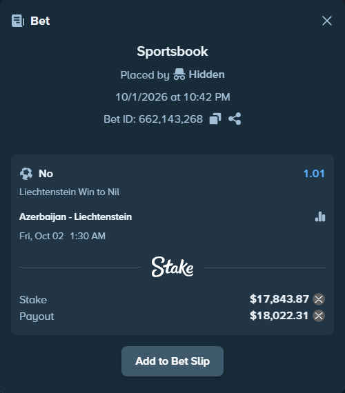 Bet slip: Azerbaijan - Liechtenstein, $14,880.00 stake at 1.01 odds, placed by Hidden