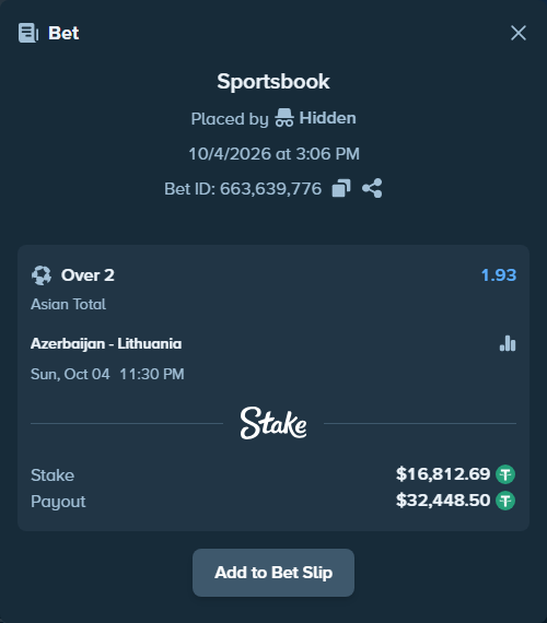 Bet slip: Azerbaijan - Lithuania, $16,812.69 stake at 1.93 odds, placed by Hidden