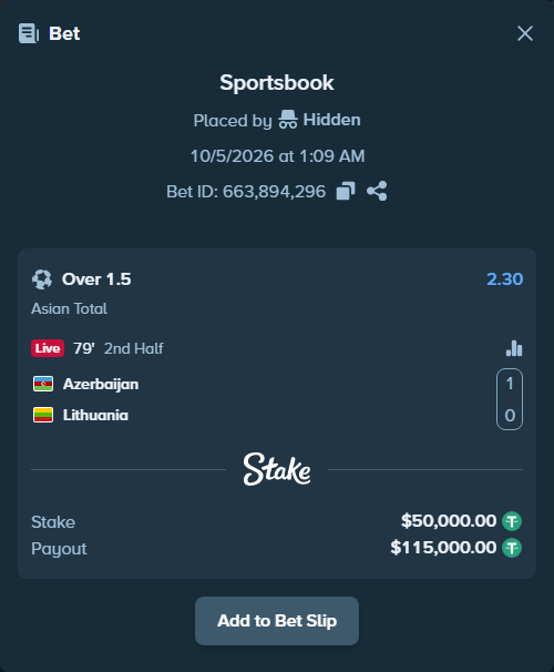 Bet slip: Azerbaijan - Lithuania, $50,000.00 stake at 2.30 odds, placed by Hidden