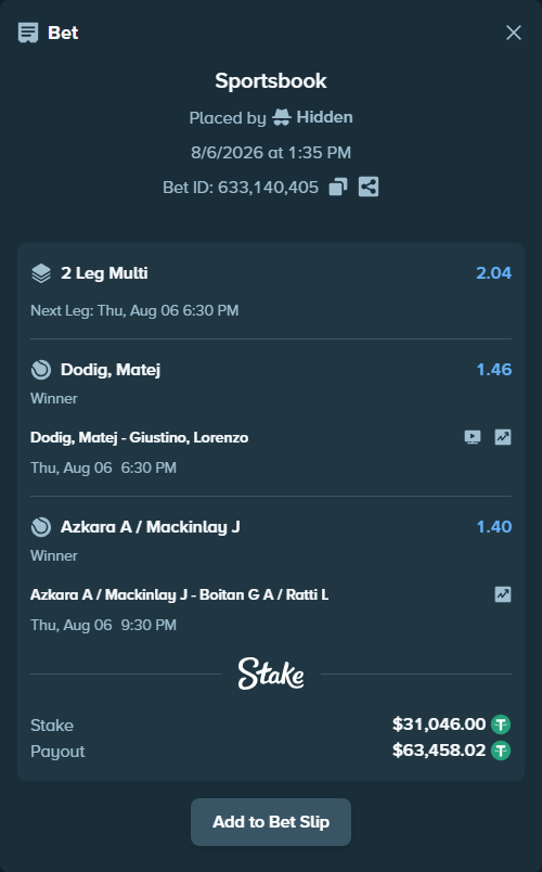 Bet slip: Azkara A / Mackinlay J - Boitan G A / Ratti L, $31,077.05 stake at 1.40 odds, placed by Hidden