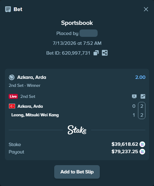 Bet slip: Azkara, Arda - Leong, Mitsuki Wei Kang, $37,543.27 stake at 2.00 odds, placed by Prettylfacko98