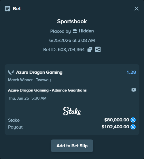 Bet slip: Azure Dragon Gaming - Alliance Guardians, $80,000.00 stake at 1.28 odds, placed by Hidden