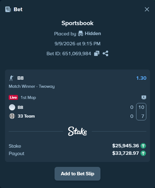 Bet slip: B8 - 33 Team, $25,945.36 stake at 1.30 odds, placed by Hidden