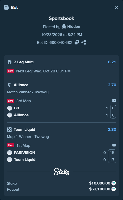 Bet slip: B8 - Alliance, $9,845.41 stake at 2.70 odds, placed by Hidden