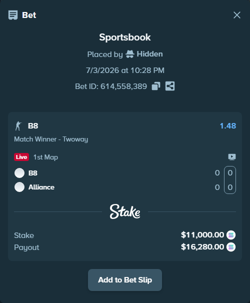 Bet slip: B8 - Alliance, $11,096.82 stake at 1.48 odds, placed by Hidden