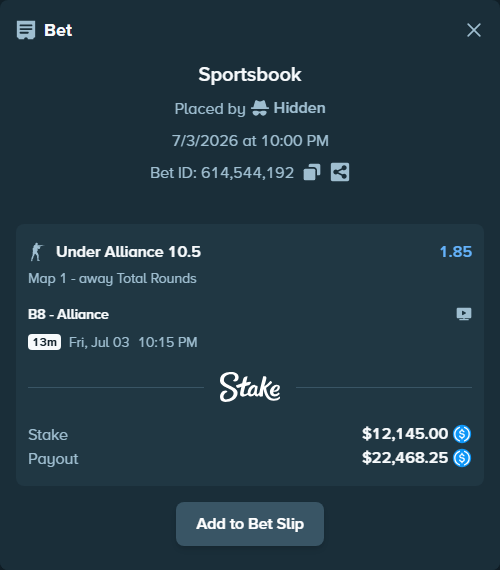 Bet slip: B8 - Alliance, $12,145.00 stake at 1.85 odds, placed by Hidden
