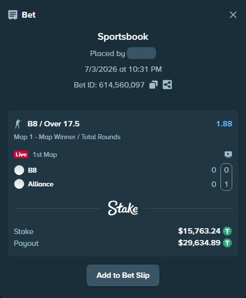 Bet slip: B8 - Alliance, $15,779.00 stake at 1.88 odds, placed by oxorona