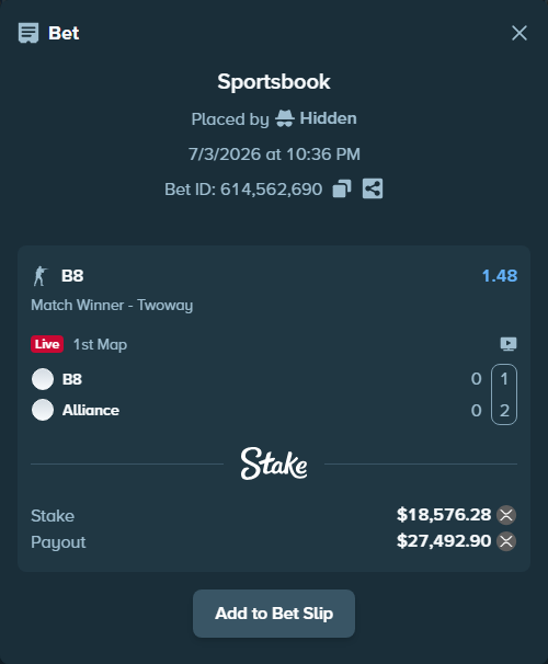 Bet slip: B8 - Alliance, $19,656.45 stake at 1.48 odds, placed by Hidden