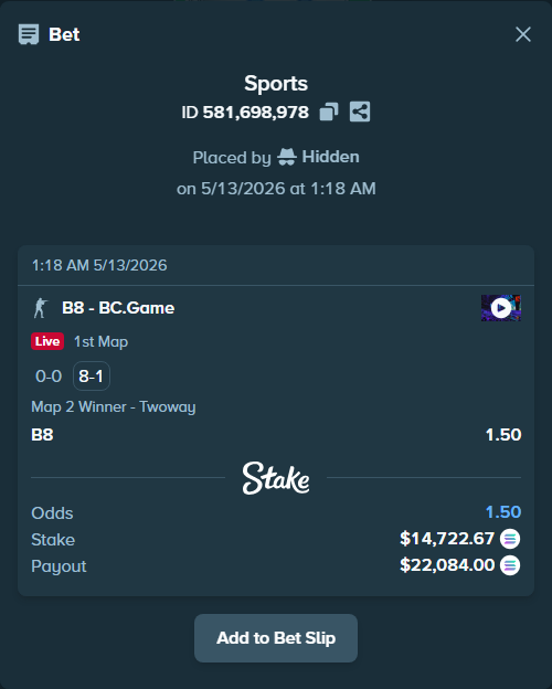 Bet slip: B8 - BC.Game, $11,475.72 stake at 1.50 odds, placed by Hidden