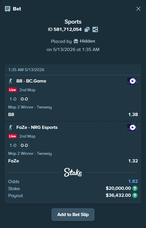 Bet slip: B8 - BC.Game, $20,000.00 stake at 1.38 odds, placed by Hidden