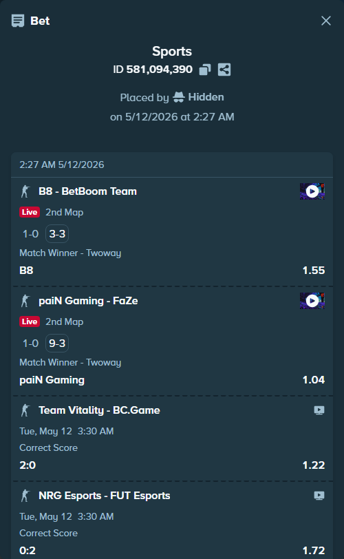 Bet slip: B8 - BetBoom Team, $14,500.00 stake at 1.55 odds, placed by Hidden