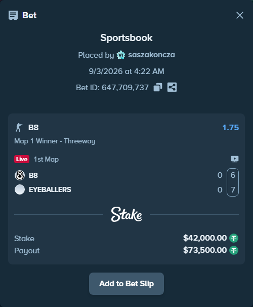 Bet slip: B8 - EYEBALLERS, $42,000.00 stake at 1.75 odds, placed by saszakoncza