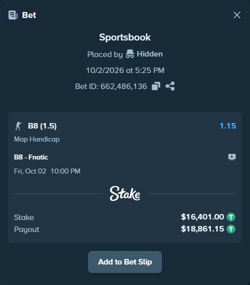 Bet slip: B8 - Fnatic, $16,401.00 stake at 1.15 odds, placed by Hidden