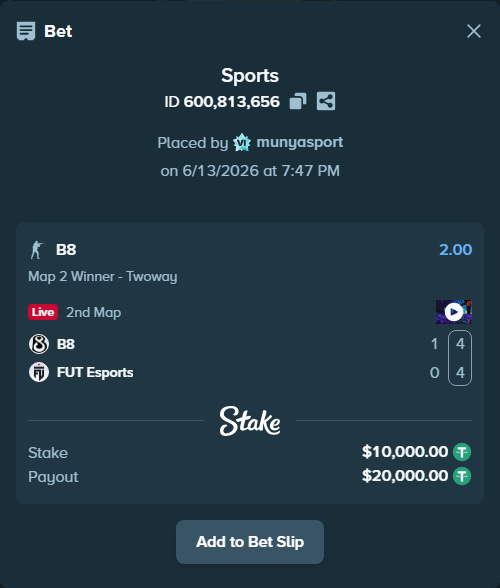 Bet slip: B8 - FUT Esports, $10,010.00 stake at 2.00 odds, placed by munyasport