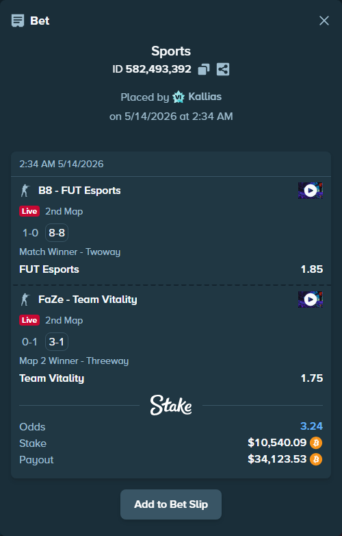 Bet slip: B8 - FUT Esports, $8,562.89 stake at 1.85 odds, placed by Kallias