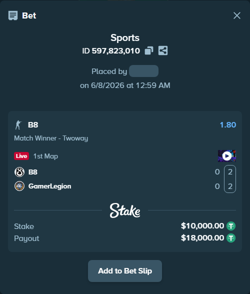 Bet slip: B8 - GamerLegion, $10,000.00 stake at 1.80 odds, placed by TheEarlinGrey