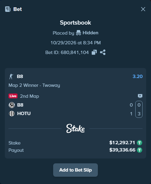 Bet slip: B8 - HOTU, $12,305.00 stake at 3.20 odds, placed by Hidden