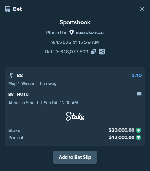 Bet slip: B8 - HOTU, $20,000.00 stake at 2.10 odds, placed by saszakoncza