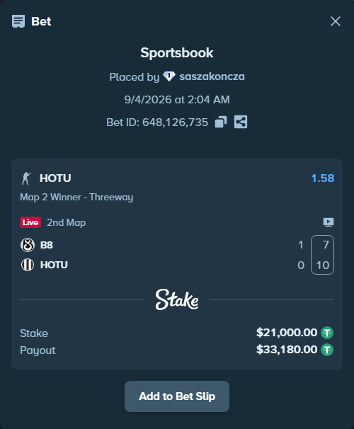 Bet slip: B8 - HOTU, $21,000.00 stake at 1.58 odds, placed by saszakoncza