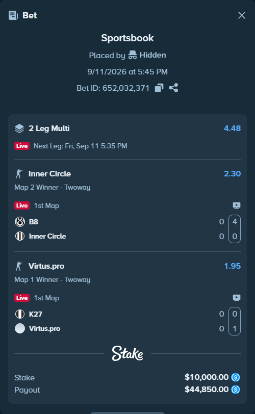 Bet slip: B8 - Inner Circle, $10,000.00 stake at 2.30 odds, placed by Hidden